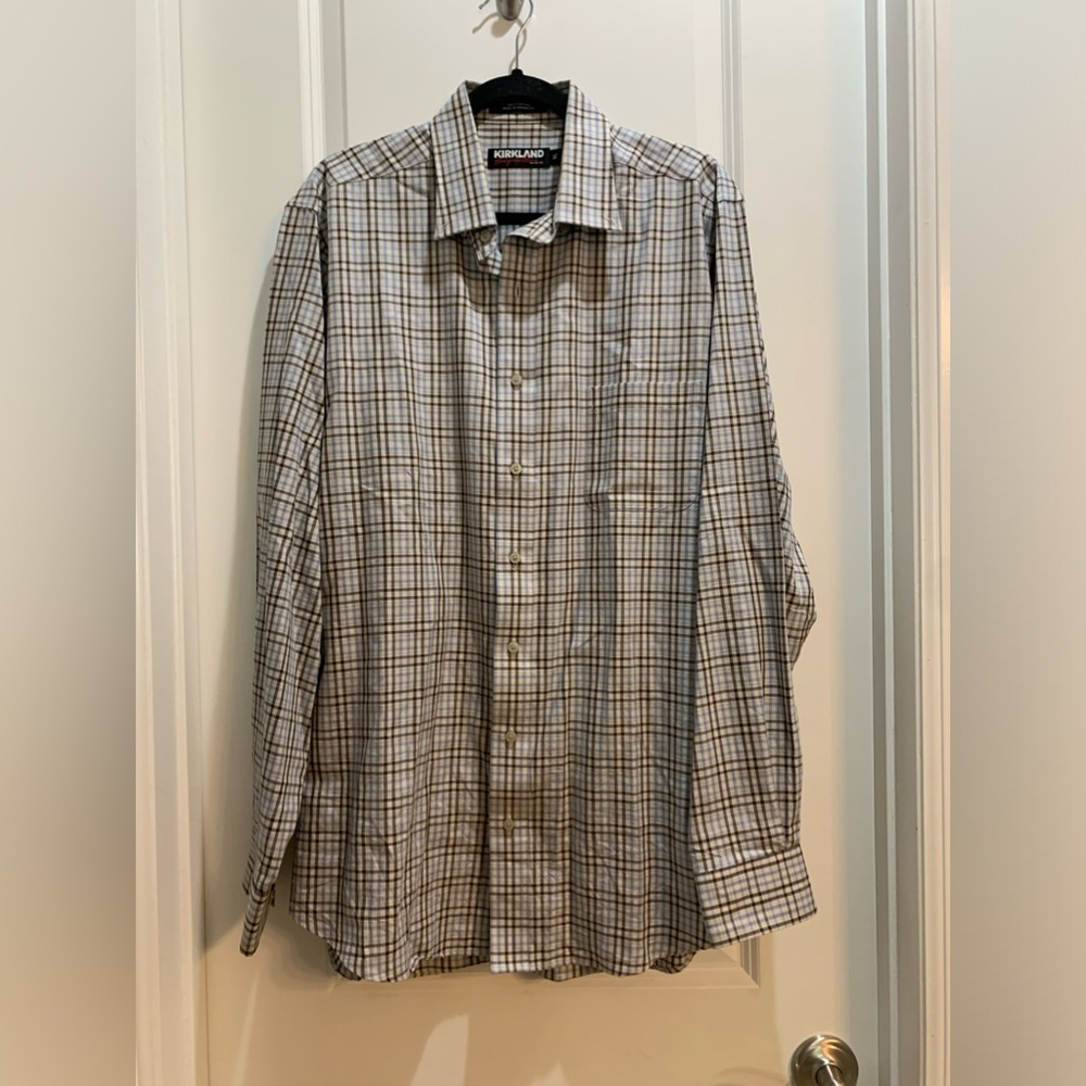 Kirkland Signature 100% Cotton Non Iron Dress Shirt XL Plaid Gray/Brown